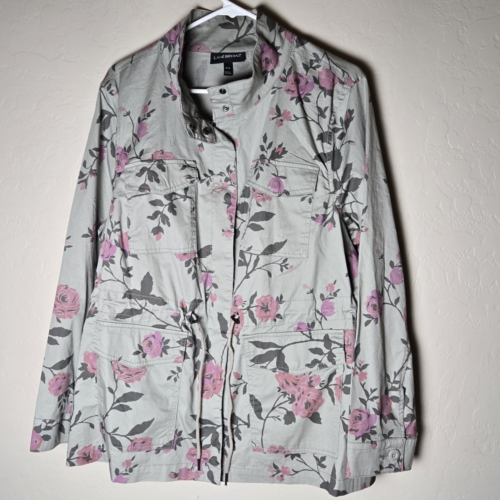 Lane Bryant Utility Jacket Olive Green Pink Floral Rose Print Size 14/16